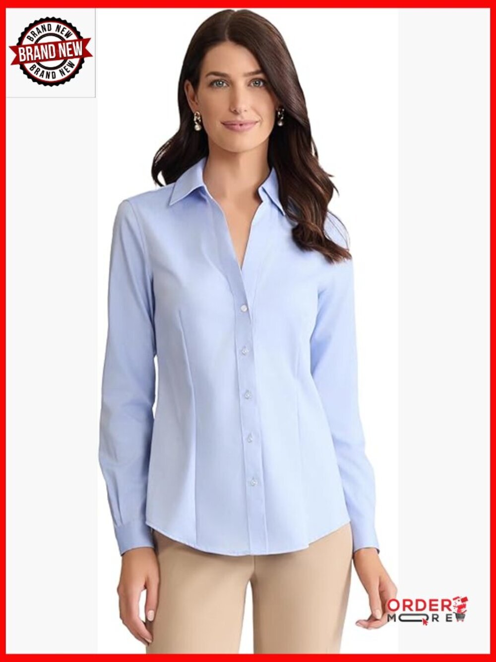 Pets Long Sleeve Easy Care Button Down Shirt Work Blouse Solid